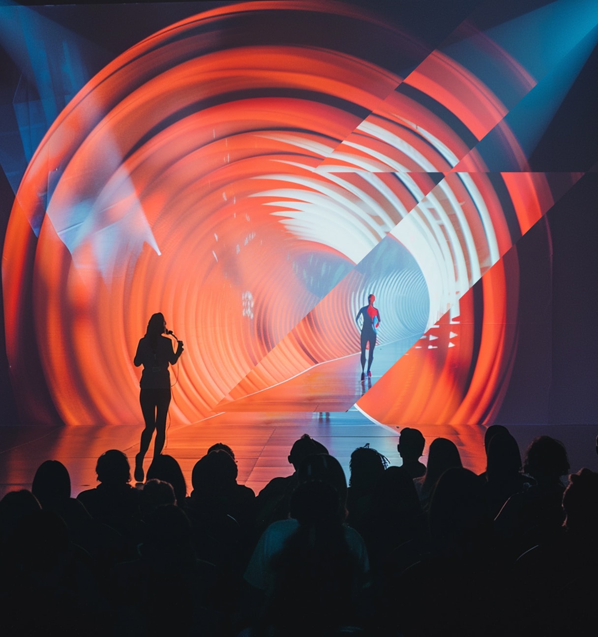 A presenter on stage talking into a microphone in front of a huge audience