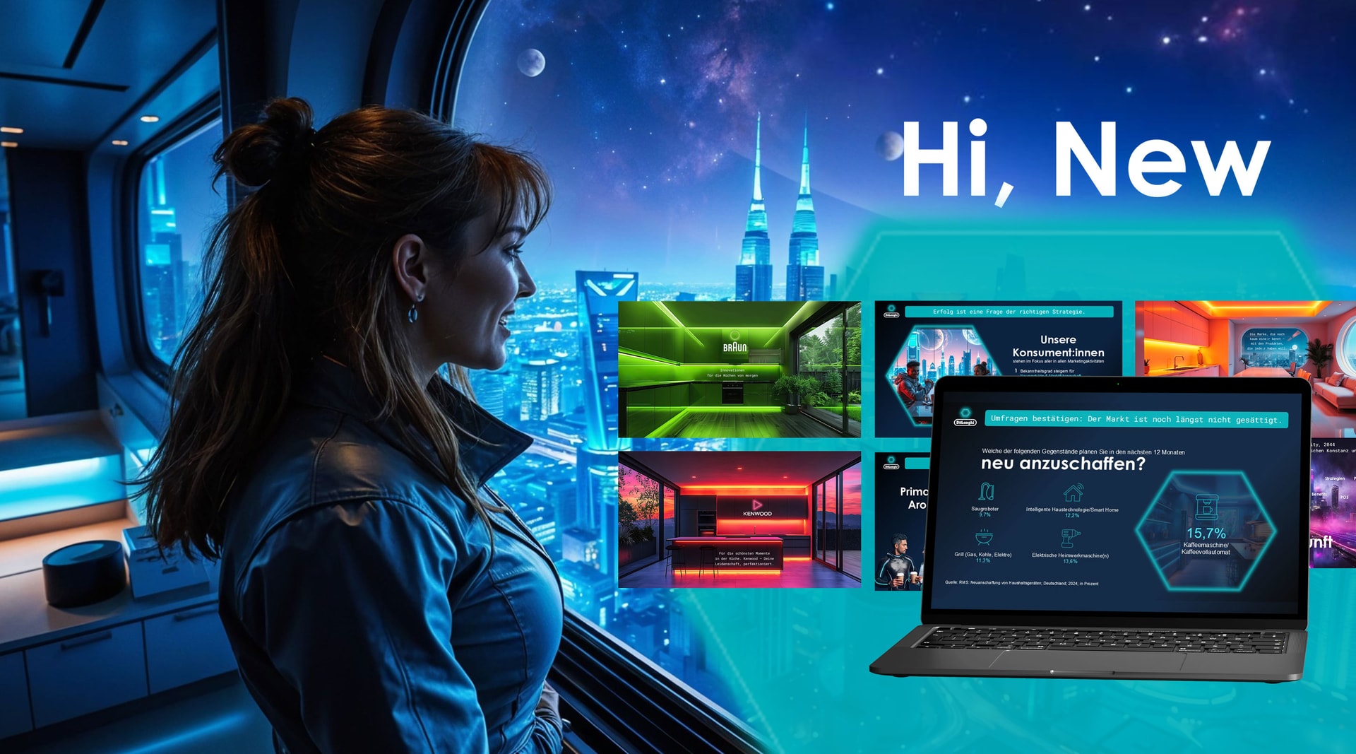 A woman in a black leather jacket looks out a large window at a futuristic city skyline under a starry night sky. The window also displays multiple digital screens, some showing modern kitchen interiors, others displaying charts and text, including "Unsere Konsument*innen" and "Hi, New". A laptop is open in the foreground, showing a presentation slide with various icons and a percentage.