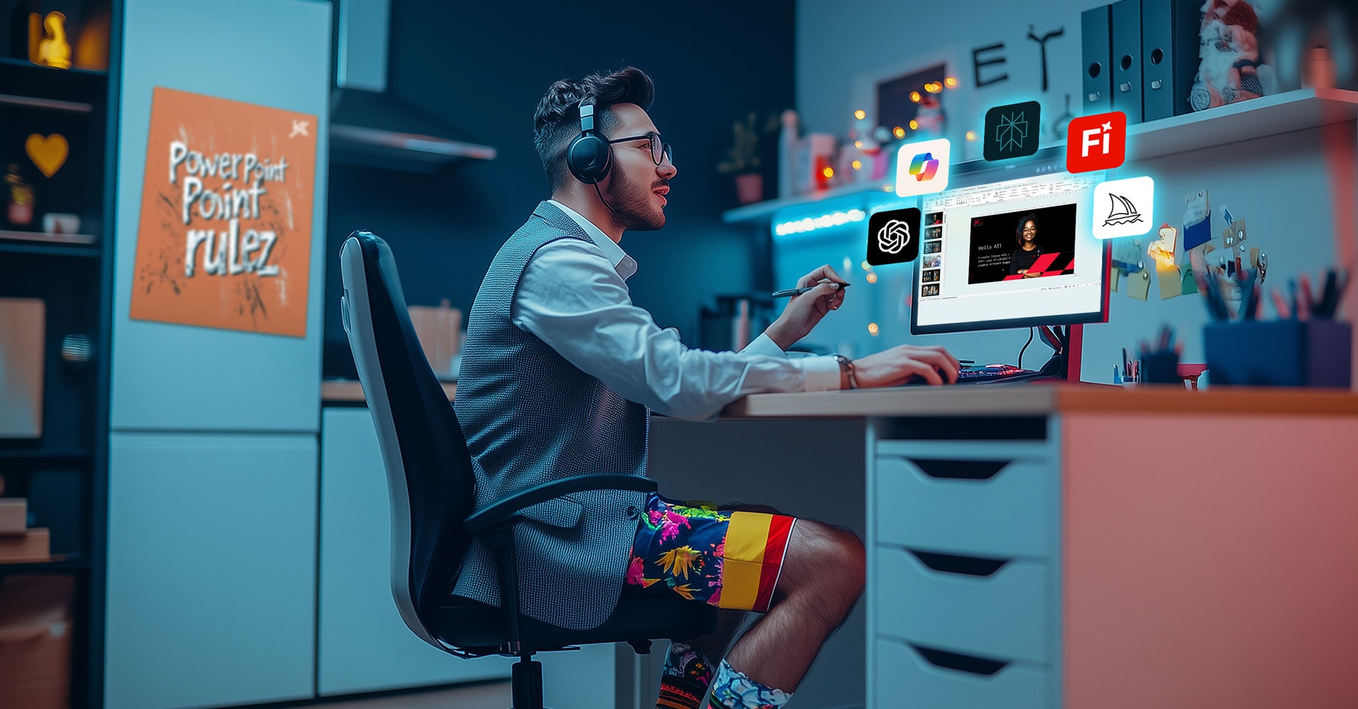 KI in Präsentationen: Intro-Bild für Newsartikel mit Hippster in Business-Hemd, Weste und kurzer bunter Hose und bunten Socken vor einer Präsentation und Symbolen von KI-Tools am Bildschirm