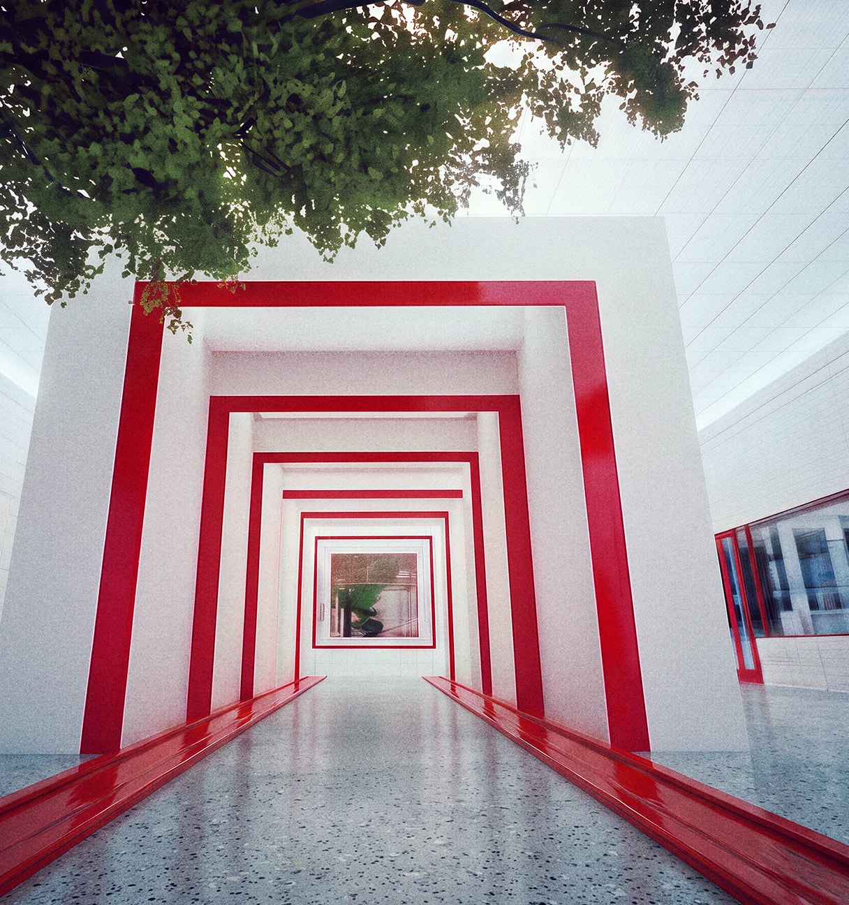 red archways in a building