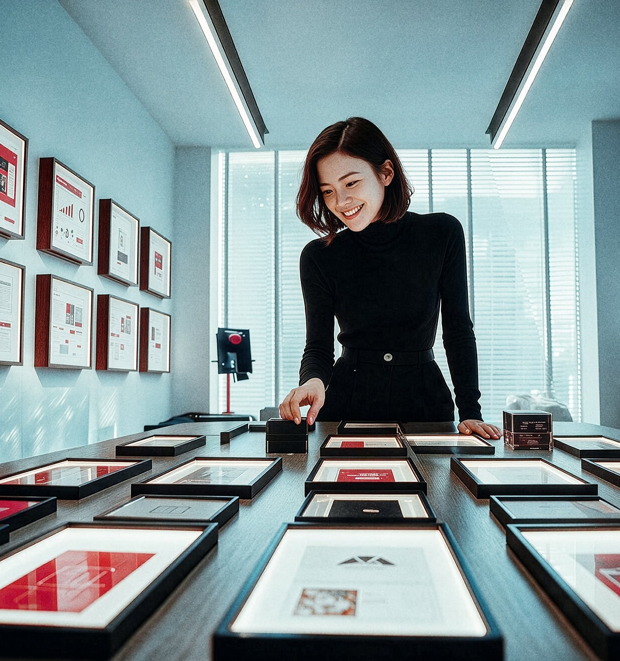 woman looking at frames on a table