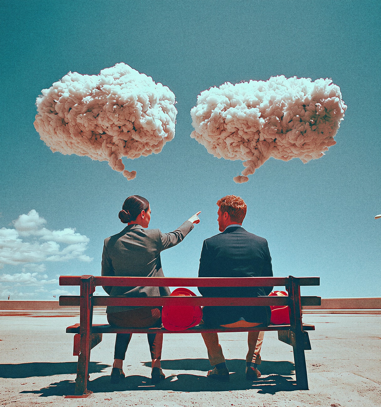 woman and man on a bench with two clouds shaped like speech bubbles