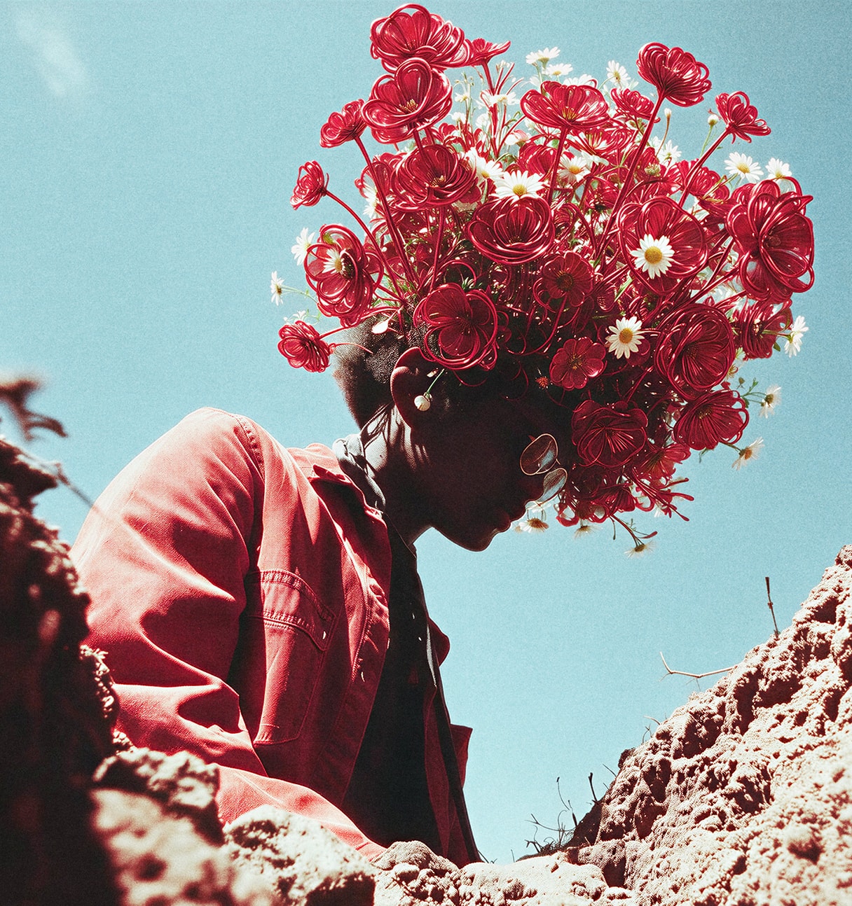 man with flowers made of wire on his head
